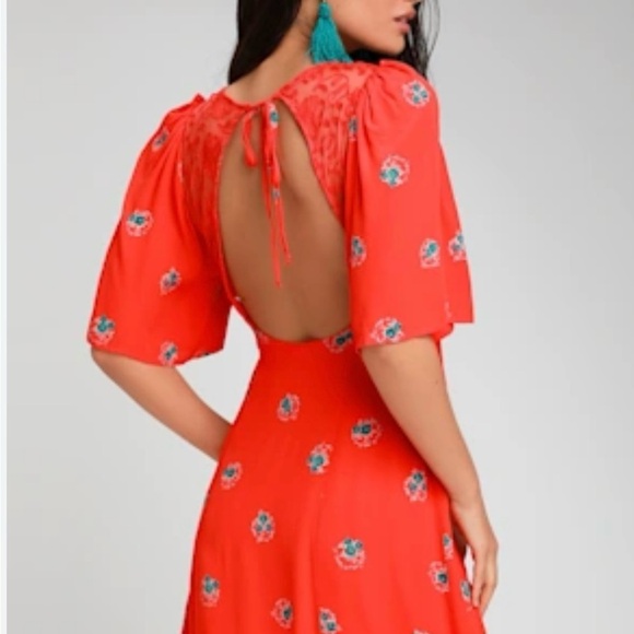 Free People Red Backless Dress with Floral Accents A0151 - Picture 3 of 4